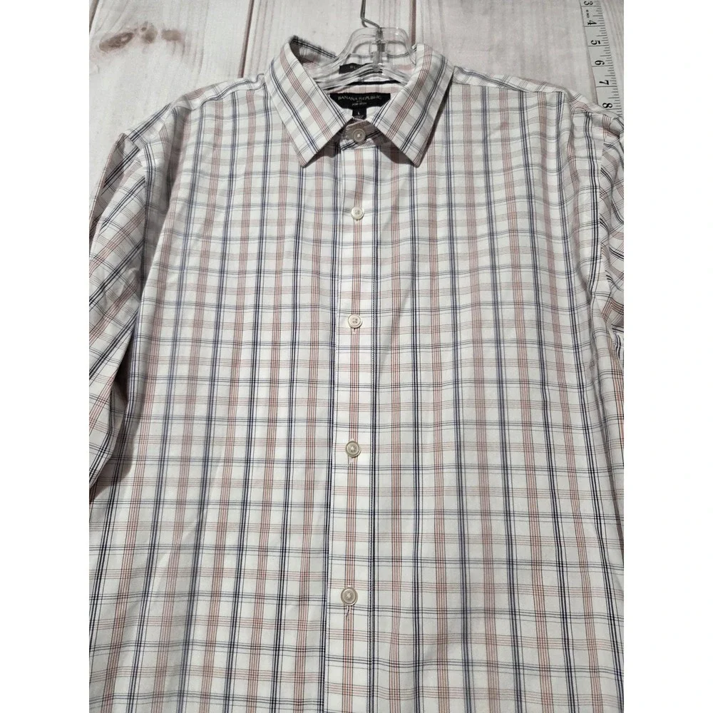 Banana Republic Shirt Mens Large White Blue Plaid Non-Iron Slim Fit Button Dress